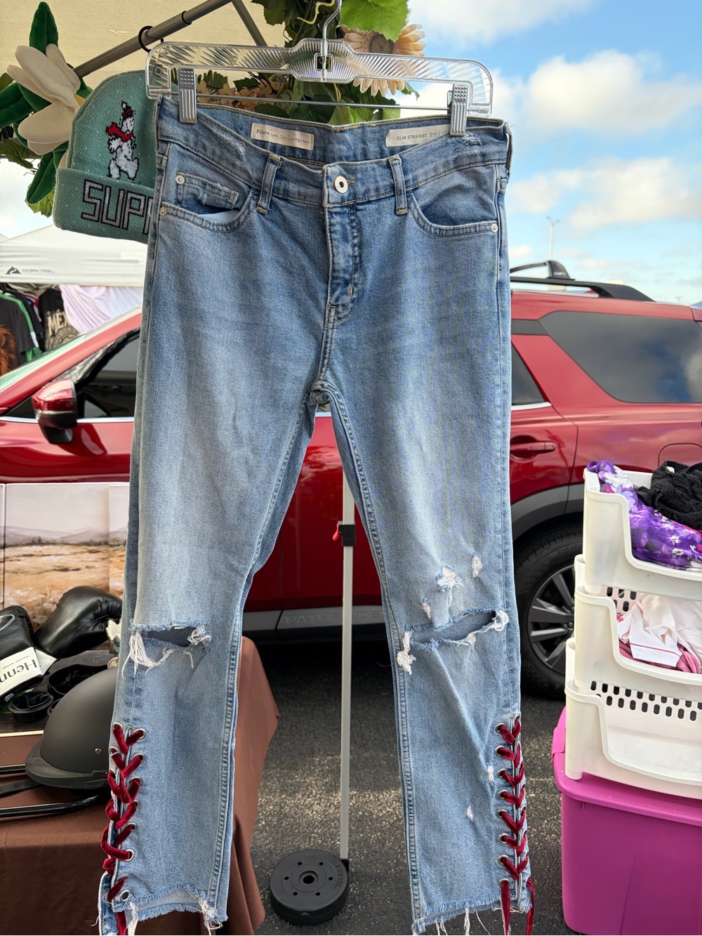 Pilcro Light Blue Denim Boyfriend Jeans with Red Velvet Lace-Up Side - Picture 6 of 7